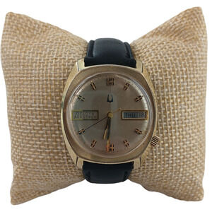 VTG 1970s Bulova Accutron 10K Gold Plated Tuning Fork Watch w/ Date Leather Band